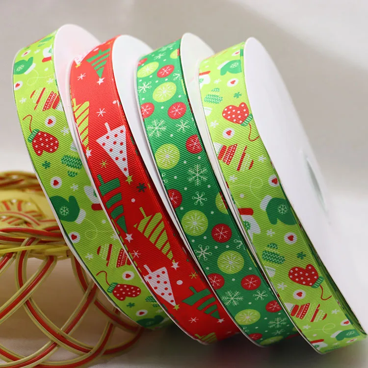 Factory custom printed logo satin ribbon ,1 inch merry christmas tree deco grosgrain ribbon roll for gift wrapping party holiday