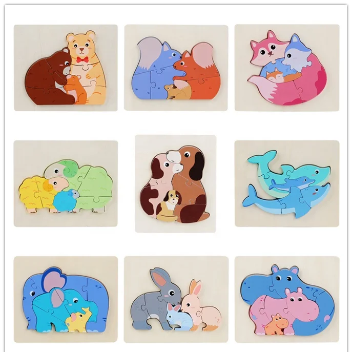New Arrival Cartoon Animal Puzzle Board Wooden  3d  Jigsaw Puzzle Building Blocks Early Educational Toys