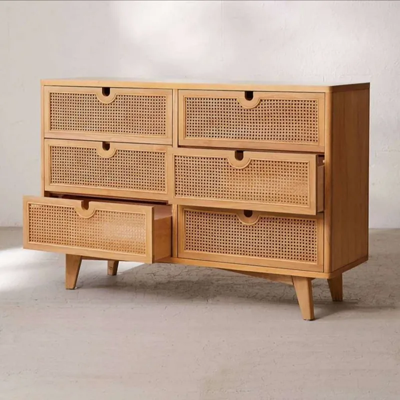 Living Room Wood Furniture Modern Storage Cabinet Rattan Drawer Chest