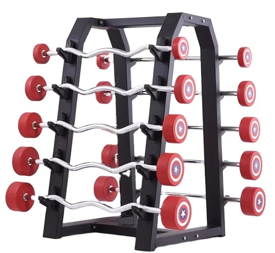 Fixed PU barbell coated rubber straight bar curved bar gym commercial 10-30KG barbell set with barbell rack