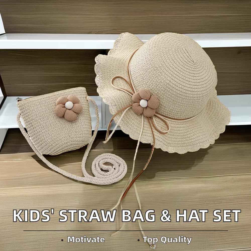 2024 Vintage Summer Straw Bag and Sun Bucket Hat Set for Kids Polyester Lining Open Closure Beach Usage