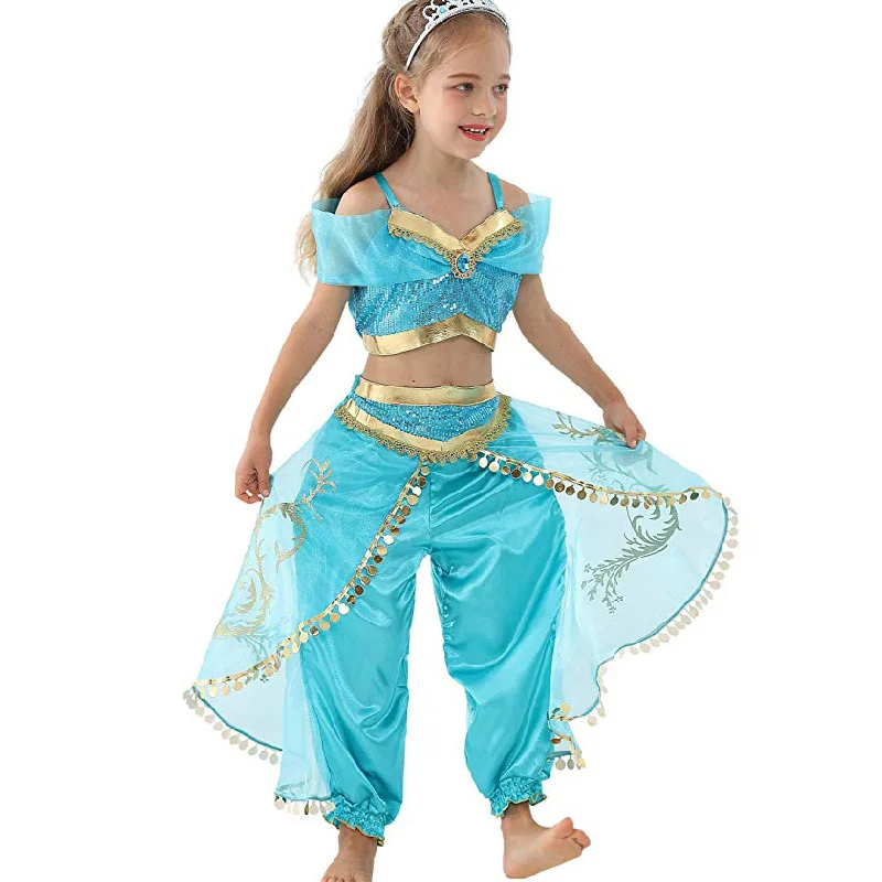 Jasmine Toddle Arabian Long Sleeves Blue Princess Dress Up Outfit Birthday Cosplay Party Anime Costumes for Little Girls Kids