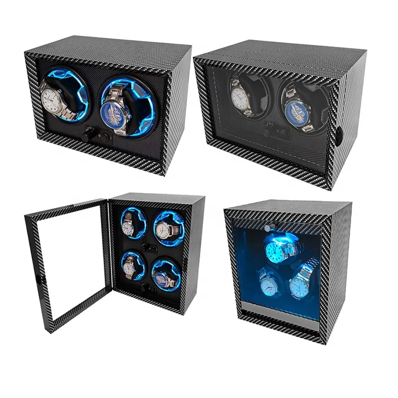 New Arrival 2 3 4 Slot Automatic Carbon Fibre PU Leather  Watch Winder Storage Blue Light Control Made  Watches Packaging Case