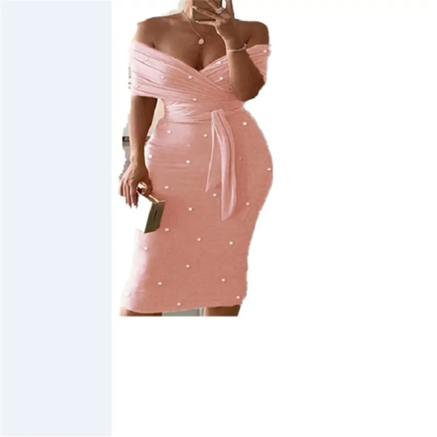 
2021 New Foam Bead Wrap Chest Short Sleeve Belted Dress Dress Women 
