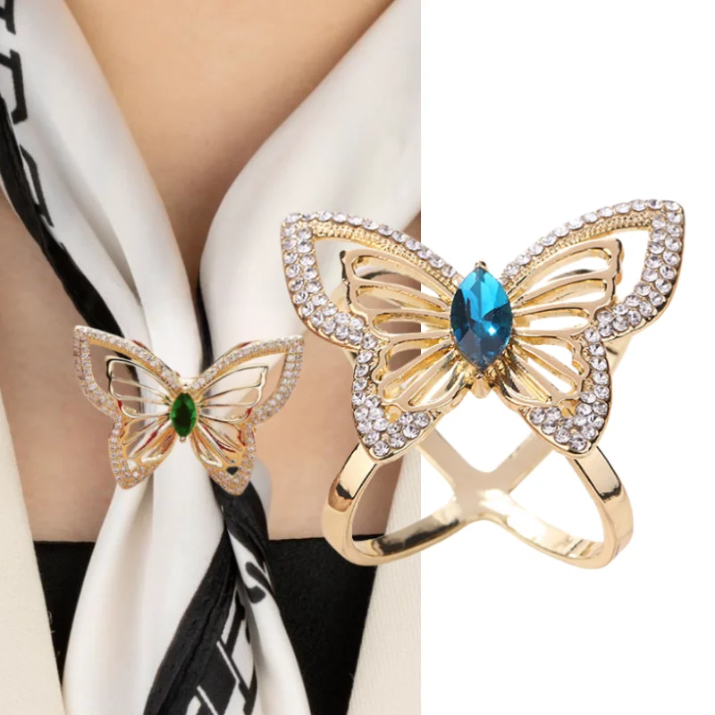 2 sizes Elegant Rhinestone Hollow butterfly multi-functional scarf cape fixed buckle Silk Scarf Rings