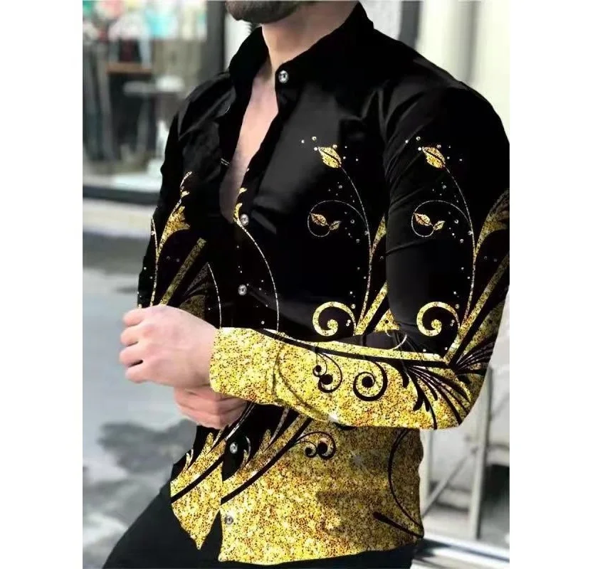 customize or oem 3XL black casual summer flowers khaki men button up shirts luxury floral long sleeve workout mens dress shirts