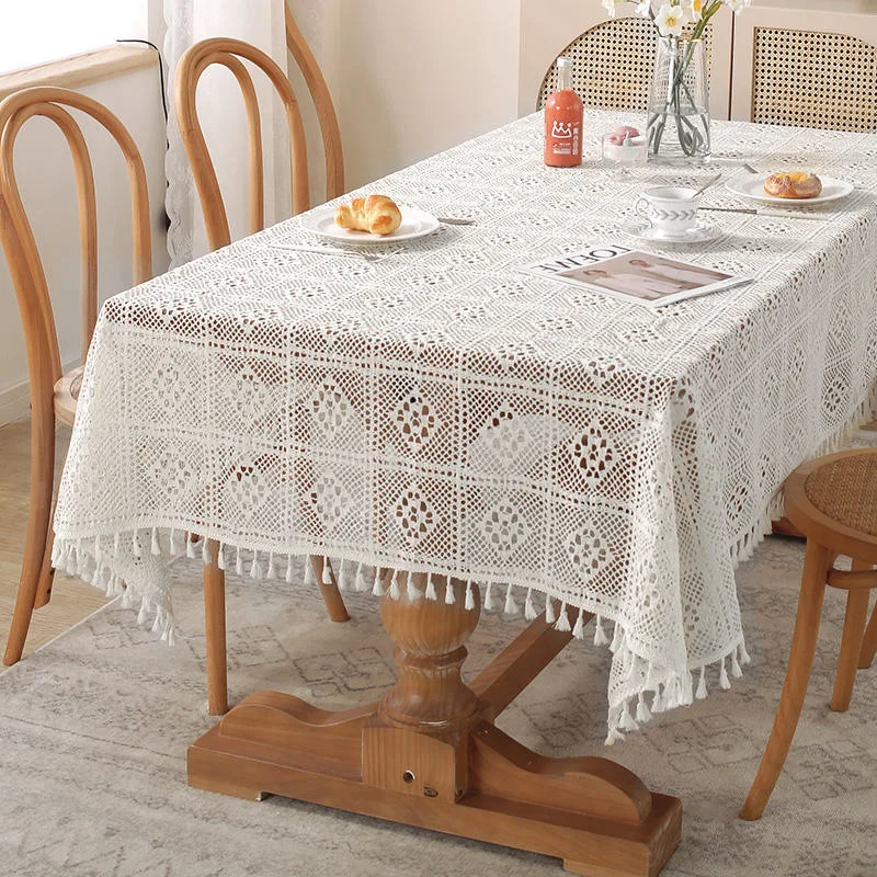 American Rustic Beige White Crochet Tablecloth Woven Openwork Tassel Lace Cloth for Wedding Restaurant Home
