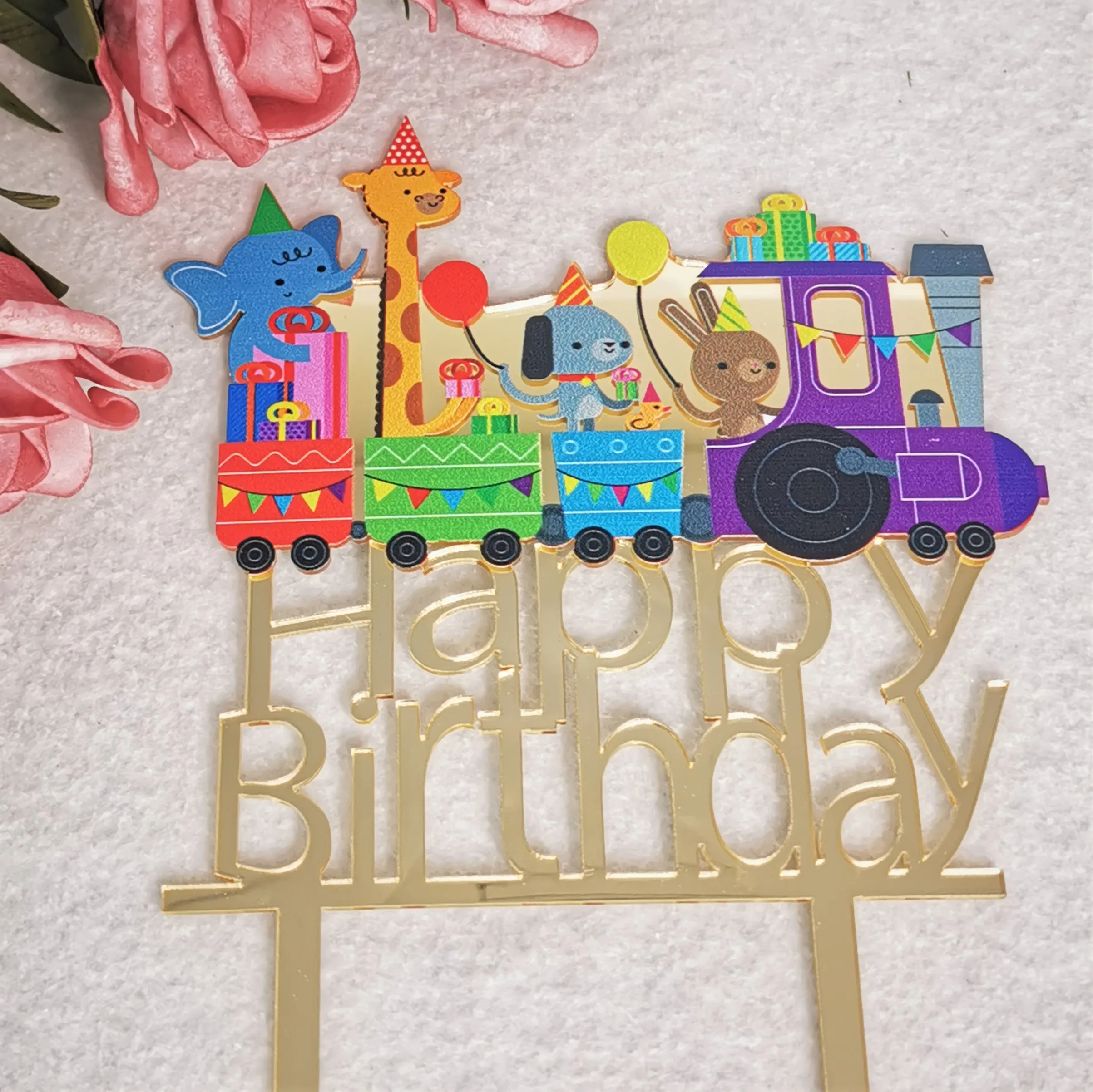 He or She Cartoon  3D Animal print Happy Birthday Acrylic Cake Topper
