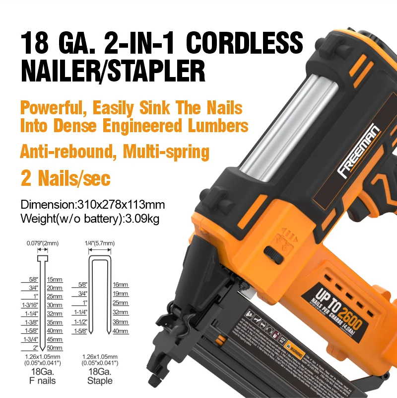 Freeman 18 Gauge 20V Battery Electric Cordless Heavy Duty 2 In 1 Furniture Brad Nail And Staple Gun for Wood
