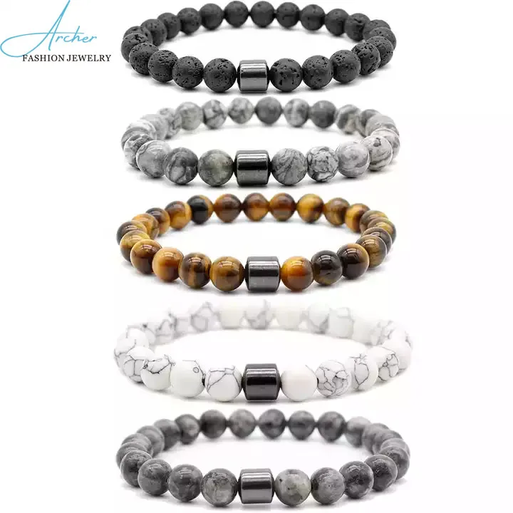 Hot Selling Wholesale Custom 8mm Magnet Charm Beads Stretch Natural Stone Lava Bead Bracelet For Couple