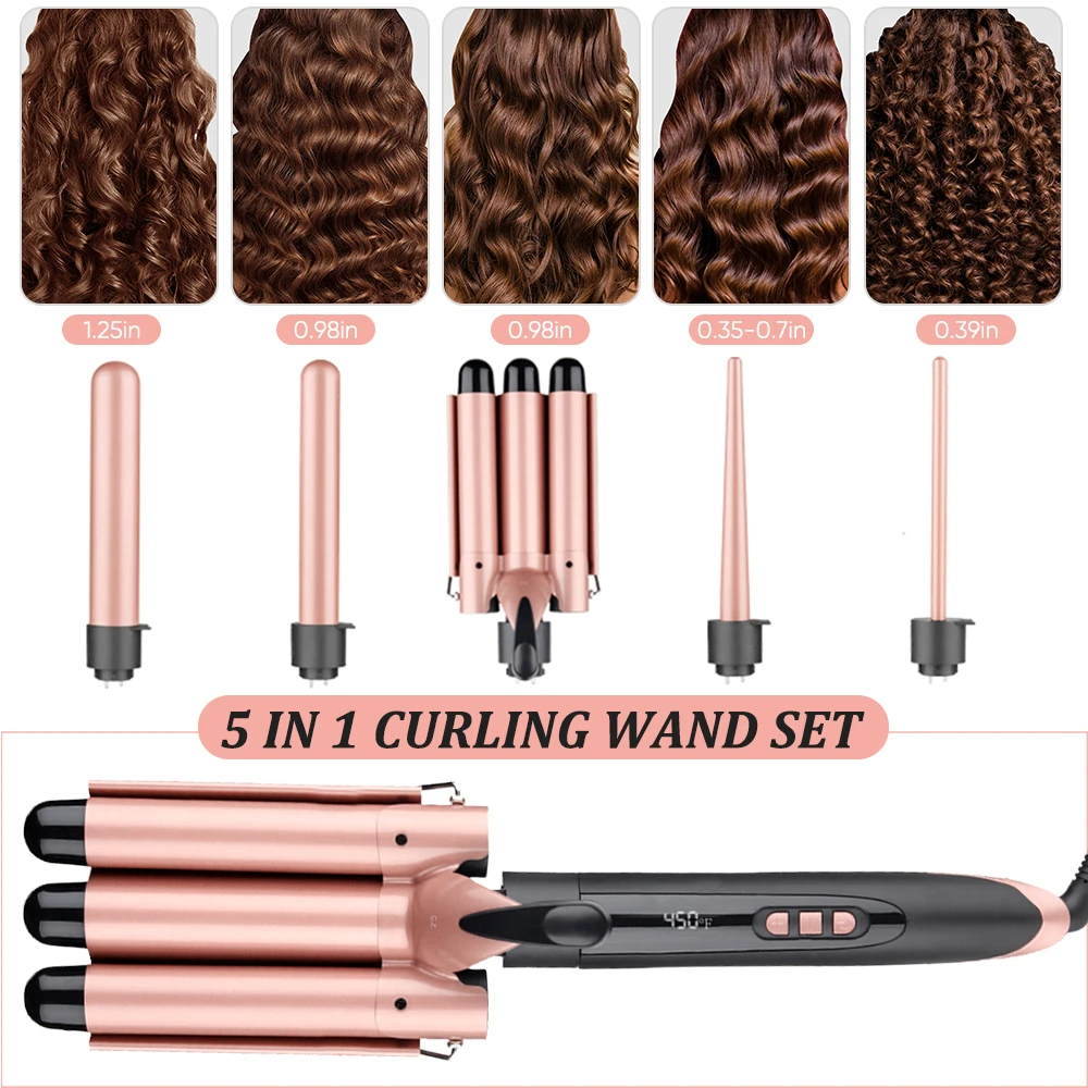 Professional 5 in 1 Curling Wand Set Interchangeable Styler Hair Curler Waver 3 Barrel Curling Iron
