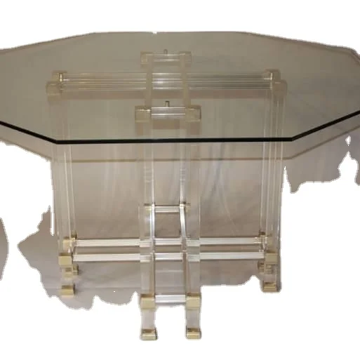 Пользовательский высокий Акриловый Обеденный Стол 8 человек PMMA прозрачное акриловое стекло с золотыми нержавеющими металлическими крестовыми ножками обеденный стол (1600329295766)