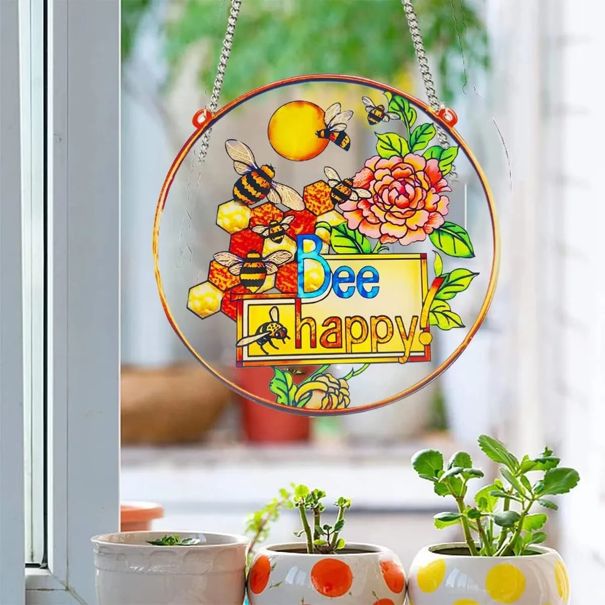 Stained Glass Suncatcher Window Hanging Bee On Honeycomb Colorful Ornament Bee Glass Panel Decor Birthday Gift Home Decoration