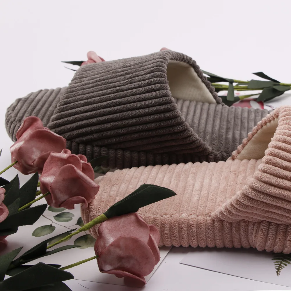 Slippers Spring and autumn corduroy breathable Korean slippers silent men and women home with indoor soft sole to absorb sweat