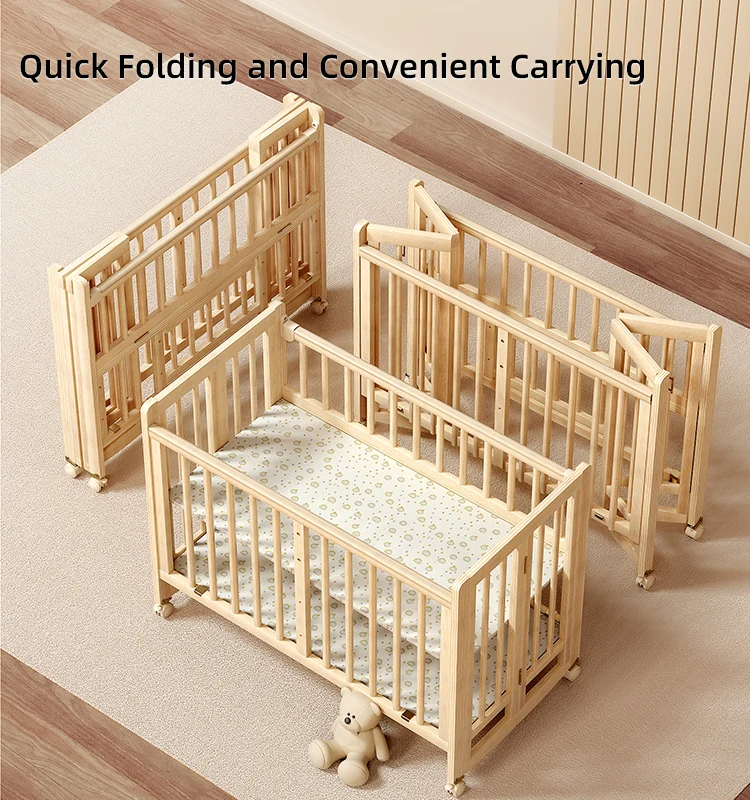 Unpainted Lightweight Foldable Wooden Toddler Children Beds Baby Swing Bed Cot Crib with Wheels For 0-6 Years Old