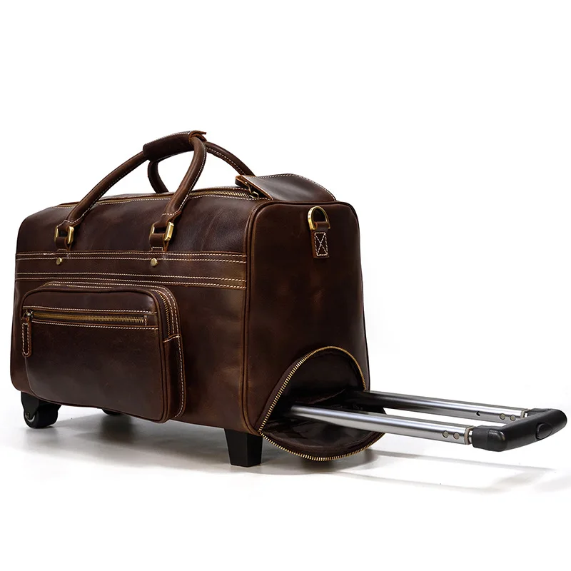 Travel Luggage Full Grain Cowhide Le Hide Leather Trolley Bag Custbenzeather Wheeled Rolling Duffel Bag for Men Customized Solid