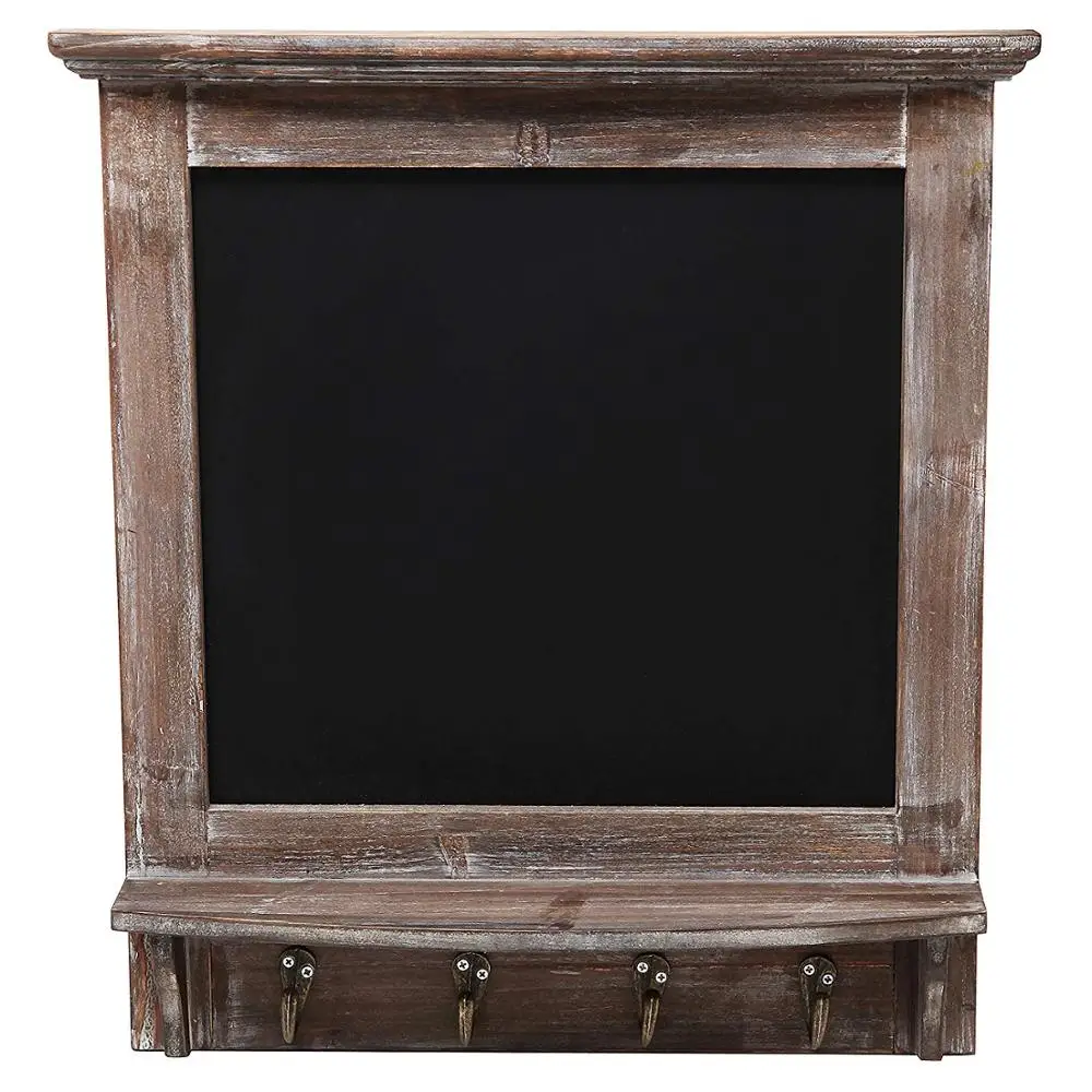 
Wall Mounted Country Brown Rustic Wood Framed Memo Black Chalkboard with 4 Hooks for Keys 