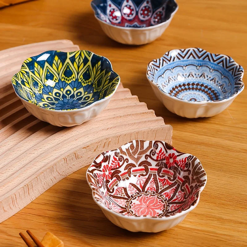 Hot Selling Bohemia Pattern Ceramic Soy Sauce Vinegar Seasoning Dish underglaze color small dishes snack dishes for household
