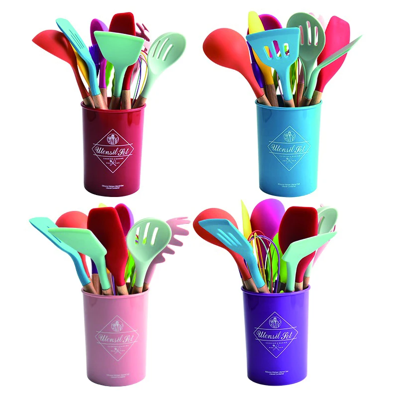 11Pcs Colorful Wooden Handles Kitchen Silicone Utensil Set With Storage Bucket