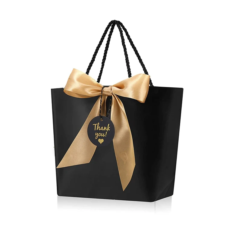 Custom Logo Luxury Black Party Paper Gift Carry Paper Shopping Bag With Ribbon Handle For Jewelry