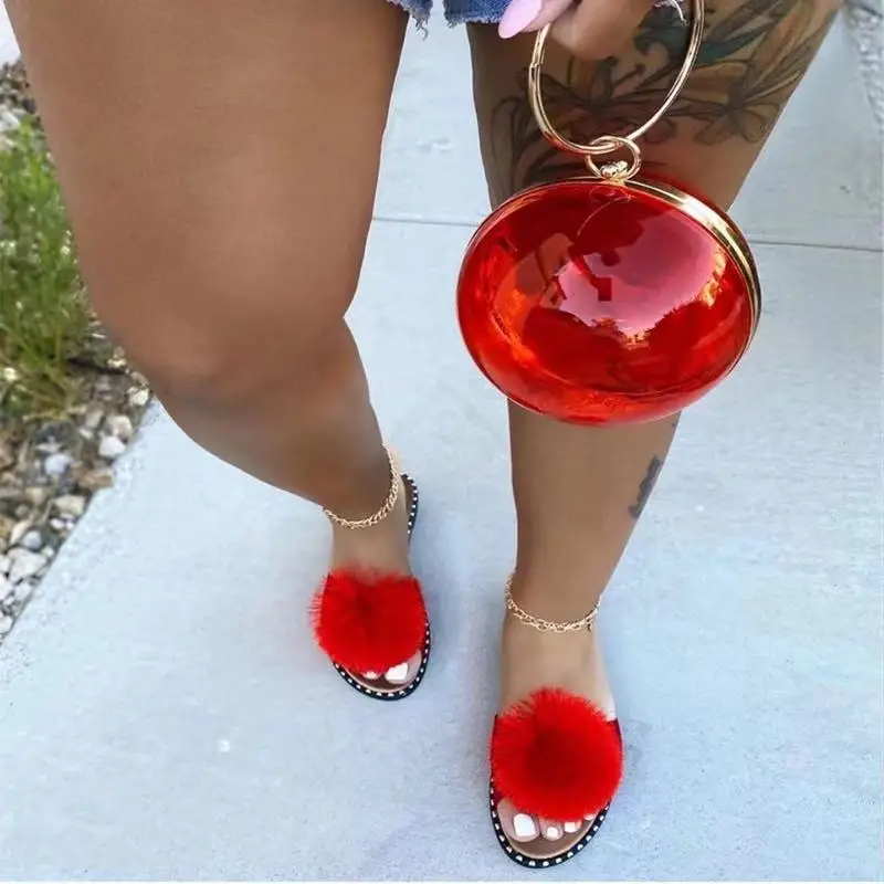  2021 Fashion Summer Flat Hair Ball Slippers Camera New Bag