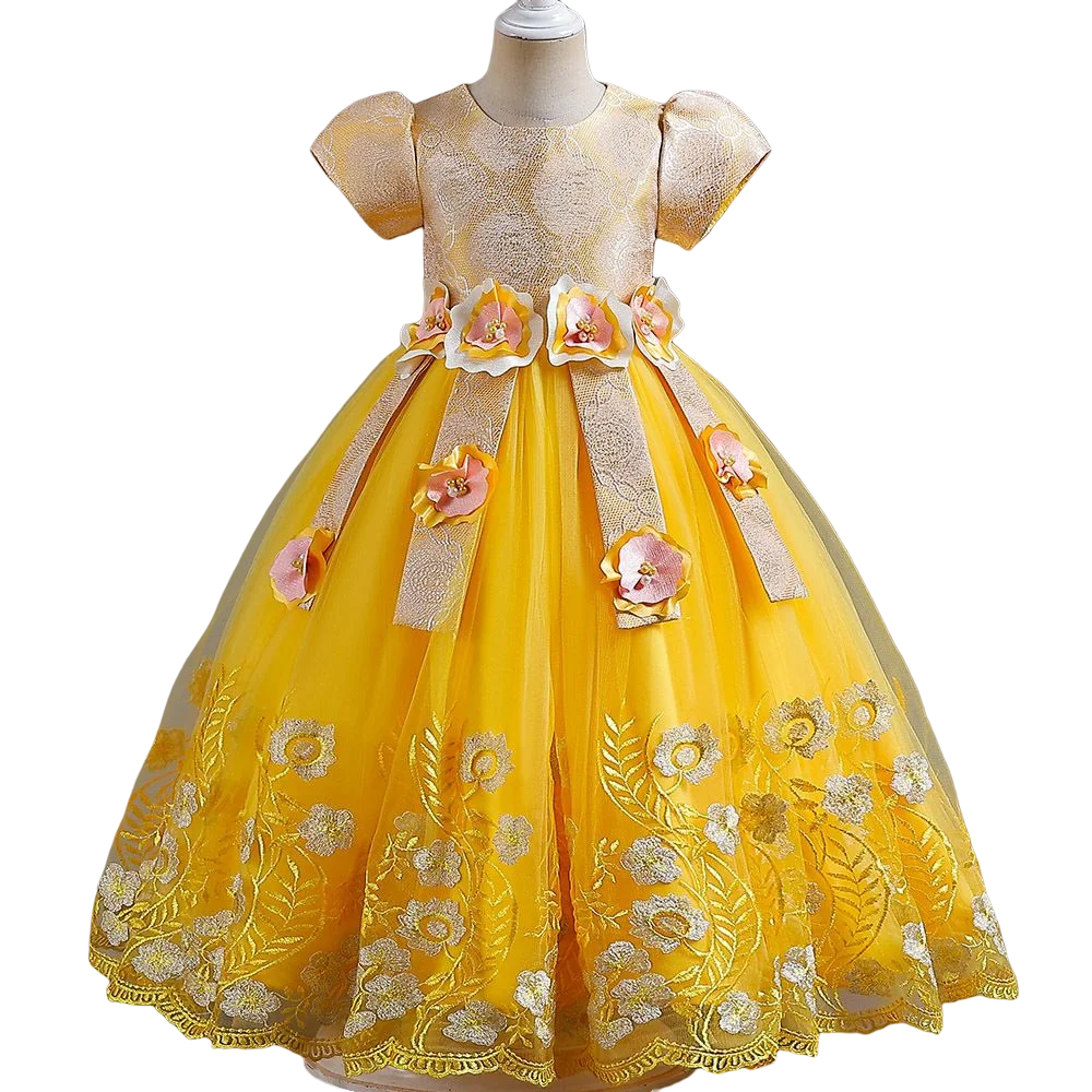 High quality girls short sleeve party ball princess dresses embroidered flower long dress