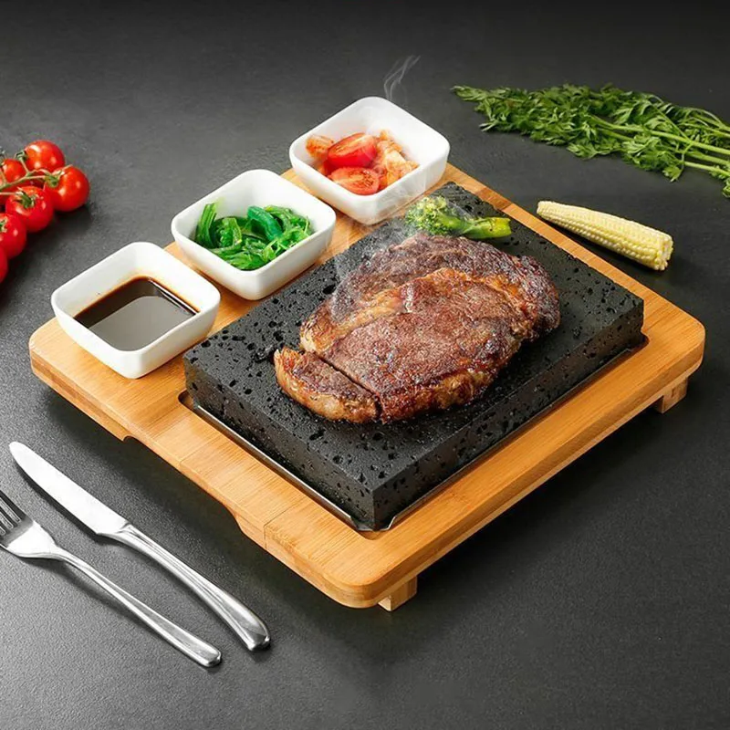 Lava Hot Steak Stone Plate Tabletop Grill Lava Rock Indoor BBQ Hibachi Grilling Stone w Ceramic Side Dishes and Bamboo Platter