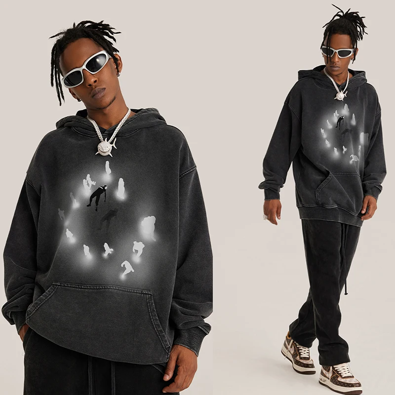 100% cotton graphic hoodie for men oversized reflective logo graphic hoodies for men wholesale 440gsm thick acid wash hoodie