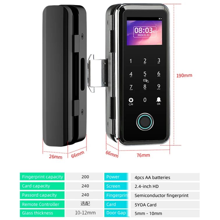 Stainless Steel Glass Door Lock Tuya Smartlife App  Biometric Fingerprint Card Key Smart Lock For Glass Door