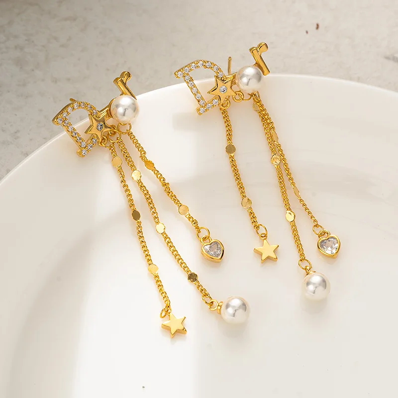 Fashion Classic Star Love Heart Luxury Designer Letter D Pearl Tassel Earrings for Women Inspired Jewellery