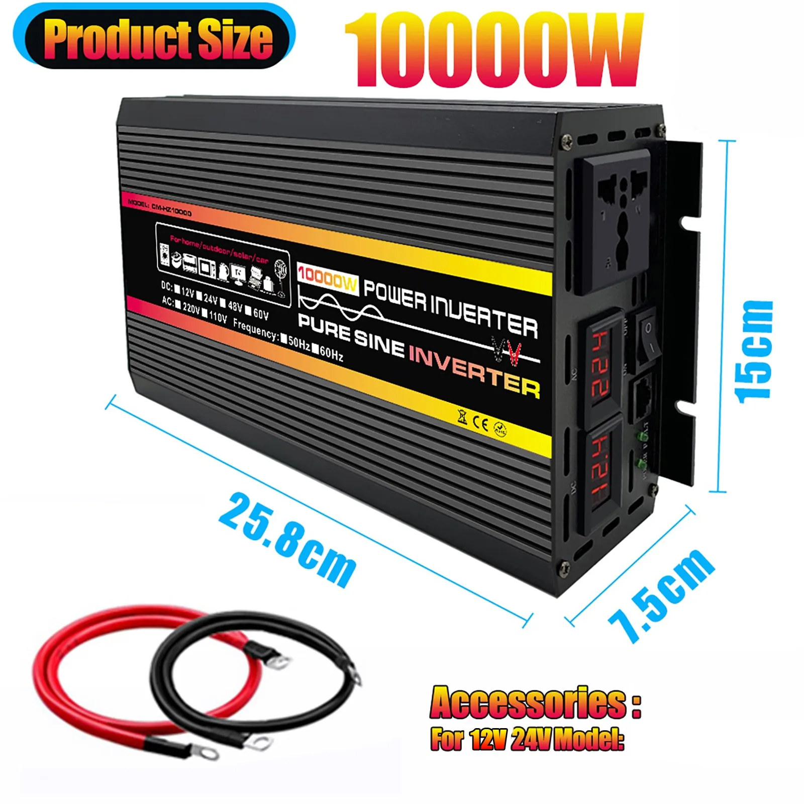 10000W Pure Sine Wave  Dc 12V 24V To Ac 220V Large Power Inverter For Home Outdoor