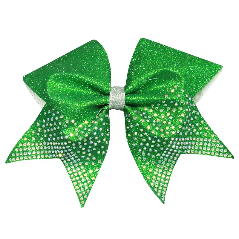 Wholesale Youth Rhinestone Cheerleading Bow Glittery Bling By AB Crystal Your Own Logo For Student Green 018