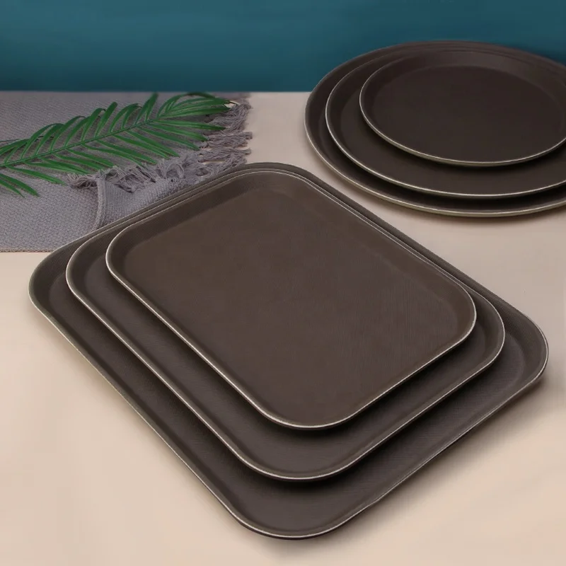 Restaurant Cafeteria Bar Supplies Round Rectangle Skid Proof Service Tray Anti Slip Serving Tray