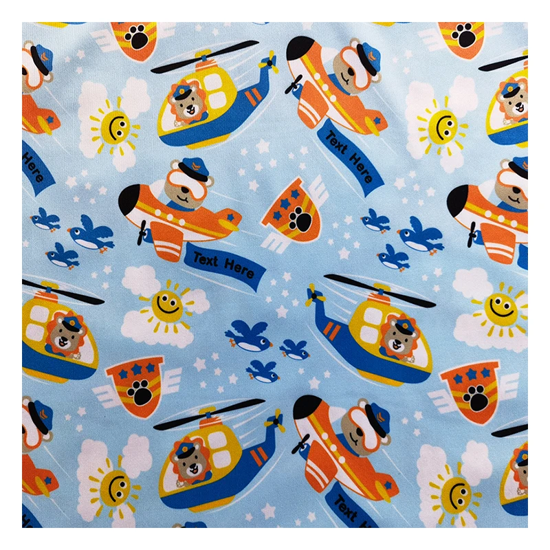 The latest design of cartoon aircraft printed polyester flat cloth shoe material is fitted with fabric lining composite fabric
