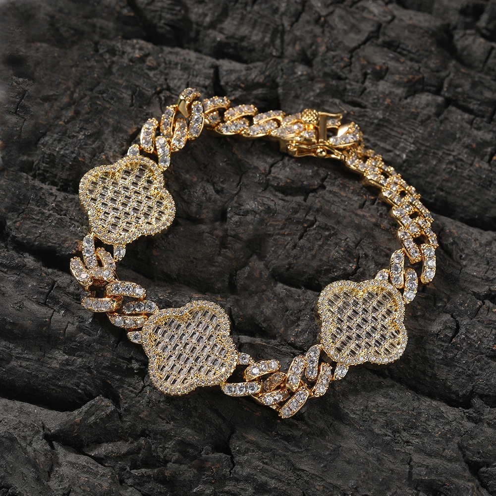 Classic Lucky Four Leaf Clover 9mm Miami Cuban Link Chain Bracelet Hip Hop Anklet Women Men Jewelry