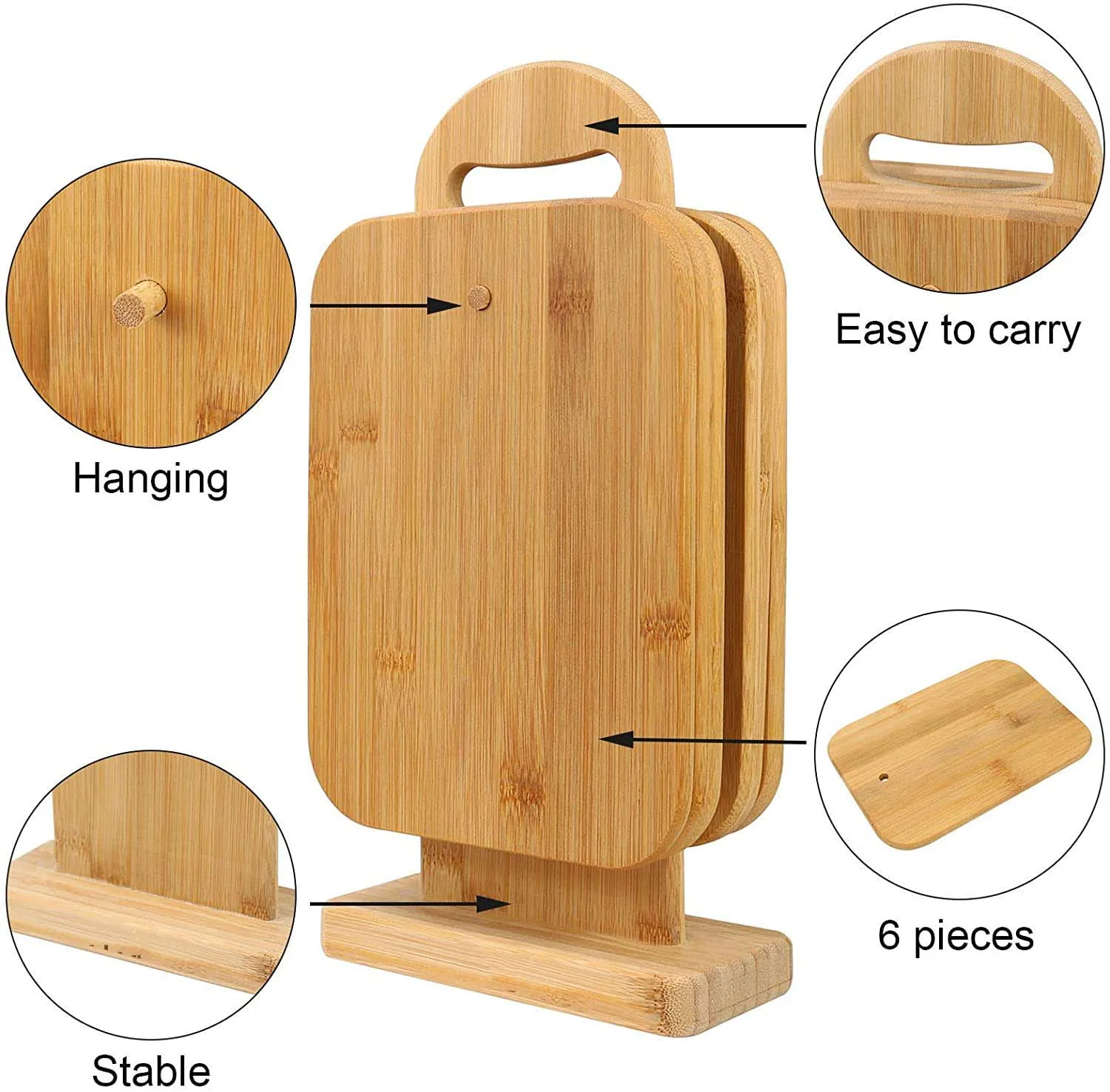 Antibacterial Bamboo Set of 6 Cutting Boards Serving Boards for Kitchen Display Stand