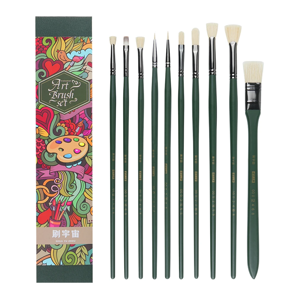 Artist Painting Drawing Brushes 10 Pieces Flat Hog Bristles Wooden Handle Set For Oil Colors Watercolor Acrylic