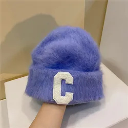Модная Длинная зимняя шапка из кроличьего меха с завязкой, Женская плюшевая шапка с буквой «С», вязаная теплая шапка