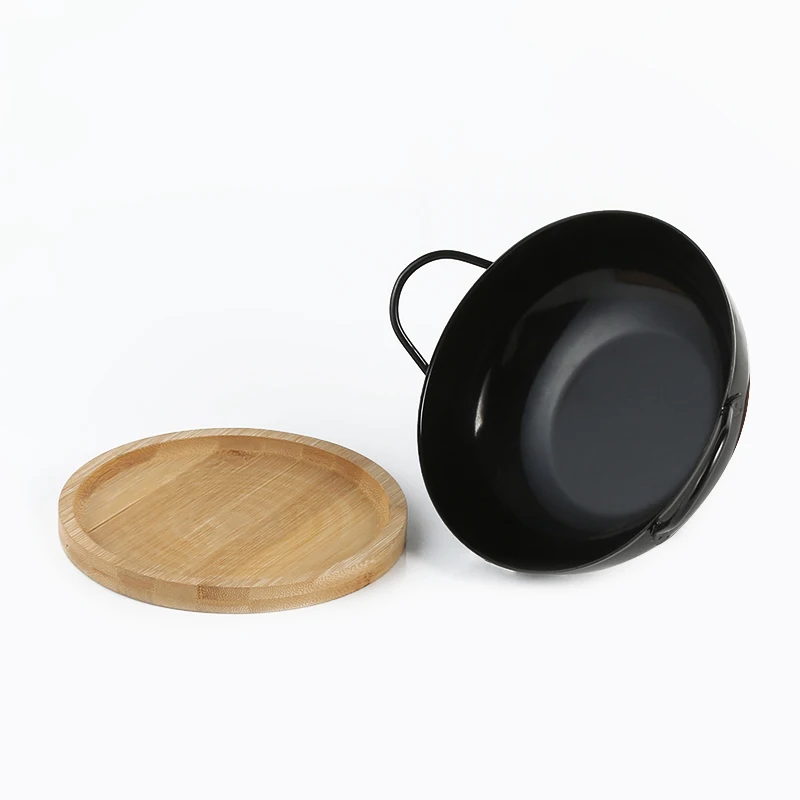 Hot Selling 20cm Black Chinese Mini Wok Set with Wooden Tray Small Wok Pan for Home