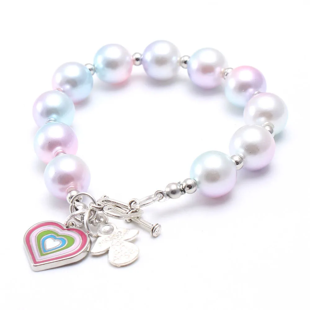 Children Kids Lovey Fancy Pearl Bead Bracelet Jewelry With Gold Cute Rainbow Heart Mermaid Charms Bracelets