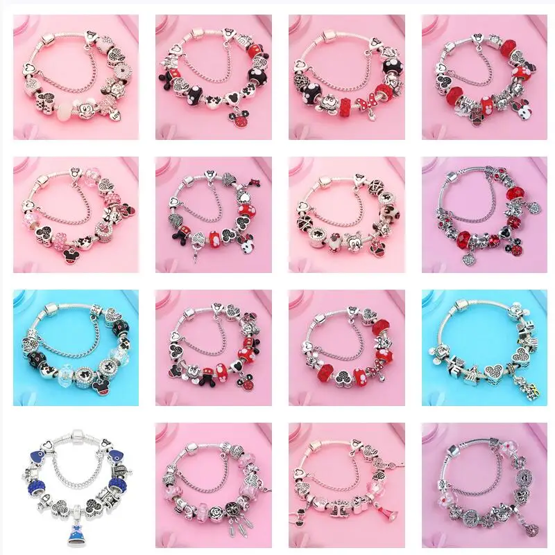 Girls Charm Bracelet Kids Crystal Beaded Bracelets  Diy Mickey Minnie Series Bracelet Diamond Charms Cuff Bangles Jewelry