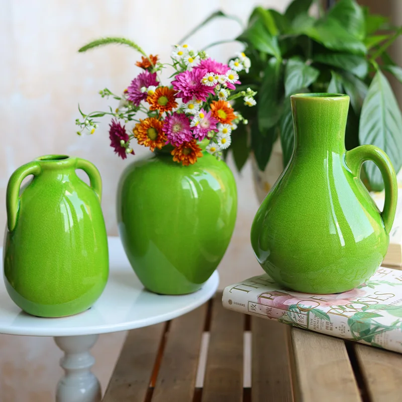 Ready to Ship One Handle Handmade Jug Emerald Green Home Decor Table Small Tall Bud Flower Vase Ceramic