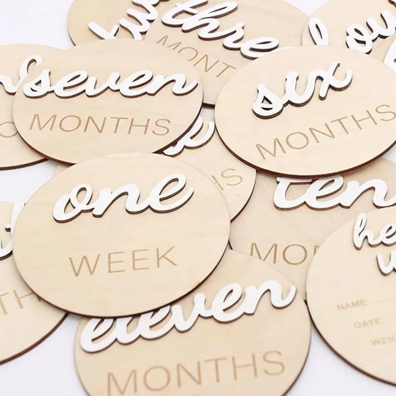 Set of 14 pcs 3D Wooden Monthly Milestone Marker Cards with Hello World Newborn Pregnancy Announcement Sign
