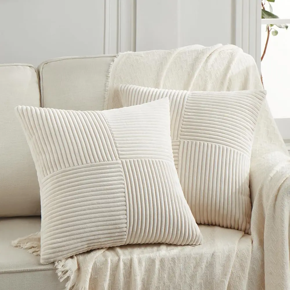 Cream color Striped field shaped corduroy sofa decorative cushion for winter warmth and soft pillow cover