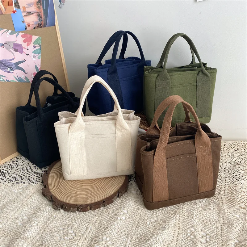 Hot Sale Eco Friendly Custom Logo Small Multifunctional Thick 16oz Cotton Canvas Tote Bag with Pocket