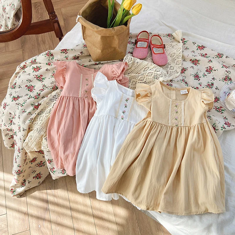 New Summer Korean Cute Toddler Girls Ruffle Sweet Floral Embroidered Dresses Fort Children Kids Sleeveless Cotton Princess Dress
