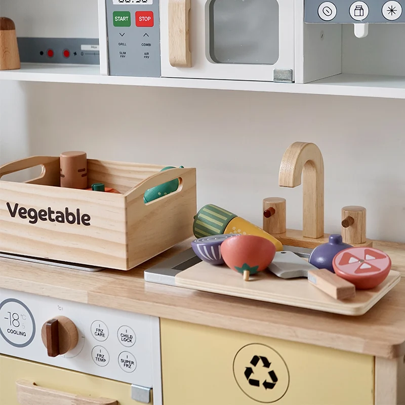 Newest Toddlers Montessori Educational Wooden Kitchen Play Food Sets Wood Box Vegetable Fruit Cutting Toys