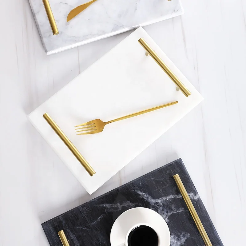 Custom White Black Marble shower Tray with Gold Handles storage luxury trays