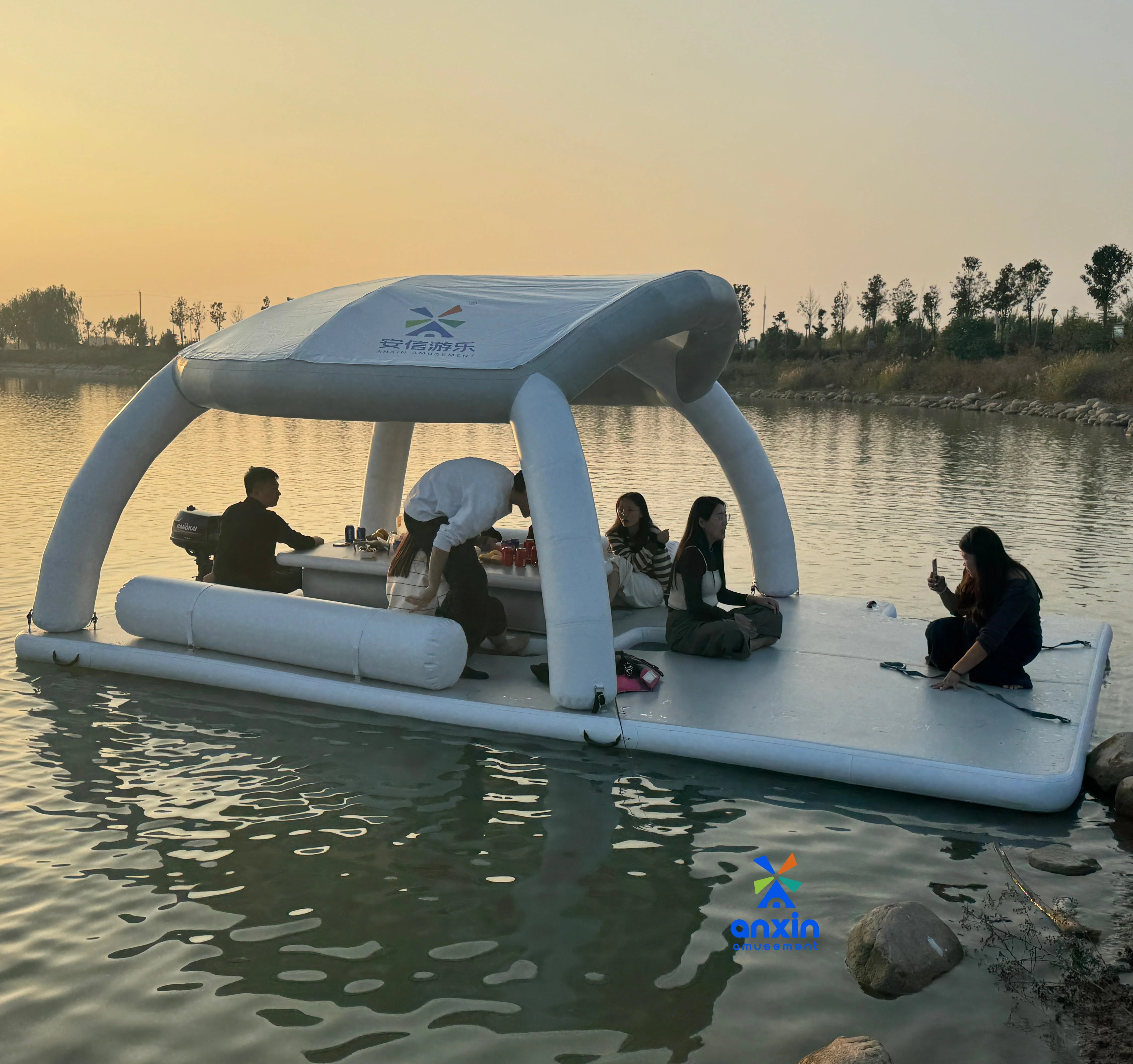 wholesale pontoon swim deck water leisure island driftsun inflatable floating dock platform inflatable mat with tent