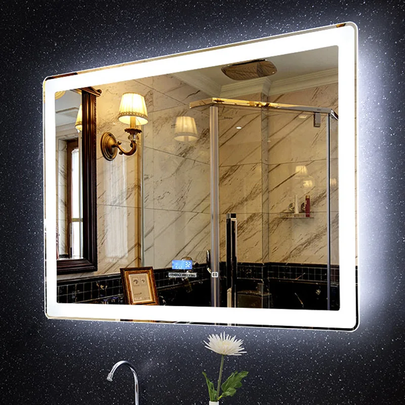 Weather and Time Wifi Bath Mirrors Led Vanity Mirror Wall Mounted Lighted Mirror Wall Hanging Rectangle Touch Switch JTLM-O42